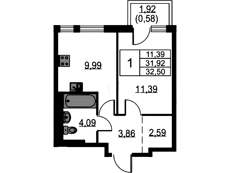 1-комнатная квартира 32.5 м², 10/12 эт., ЖК «Невская Долина»